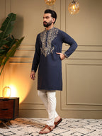 Jyoti Fashion Men's Navy Blue Armani Lachka Sequins Embroidered Kurta with Pajama | Grocsy