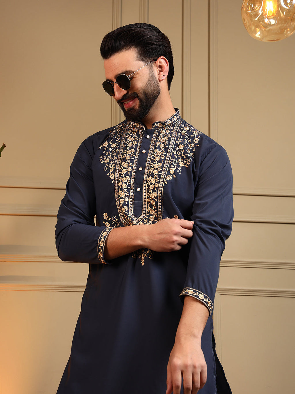 Jyoti Fashion Men's Navy Blue Armani Lachka Sequins Embroidered Kurta with Pajama | Grocsy