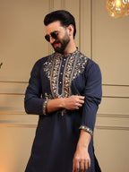 Jyoti Fashion Men's Navy Blue Armani Lachka Sequins Embroidered Kurta with Pajama | Grocsy