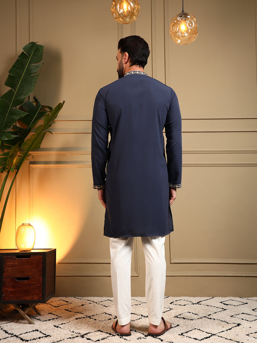 Jyoti Fashion Men's Navy Blue Armani Lachka Sequins Embroidered Kurta with Pajama | Grocsy