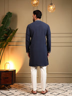 Jyoti Fashion Men's Navy Blue Armani Lachka Sequins Embroidered Kurta with Pajama | Grocsy