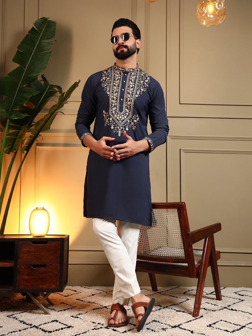 Jyoti Fashion Men's Navy Blue Armani Lachka Sequins Embroidered Kurta with Pajama | Grocsy