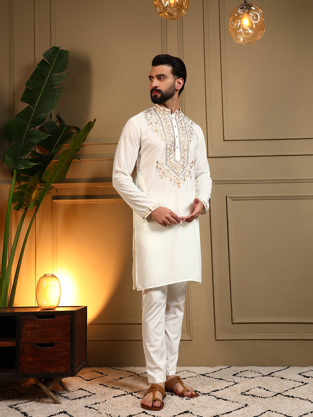 Jyoti Fashion Men's White Armani Lachka Sequins Embroidered Kurta with Pajama | Grocsy
