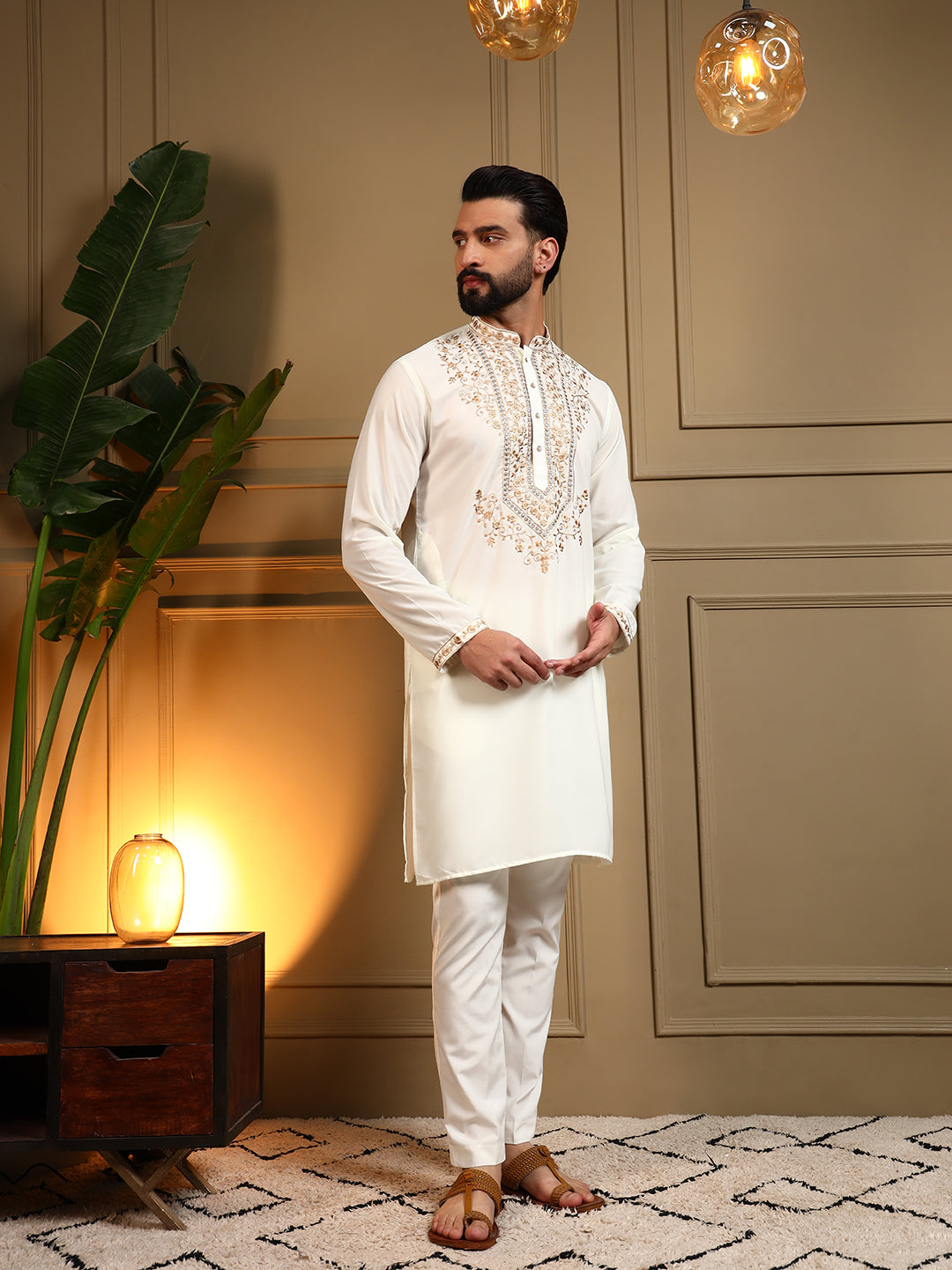 Jyoti Fashion Men's White Armani Lachka Sequins Embroidered Kurta with Pajama | Grocsy