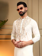 Jyoti Fashion Men's White Armani Lachka Sequins Embroidered Kurta with Pajama | Grocsy