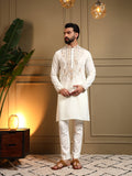 Jyoti Fashion Men's White Armani Lachka Sequins Embroidered Kurta with Pajama | Grocsy