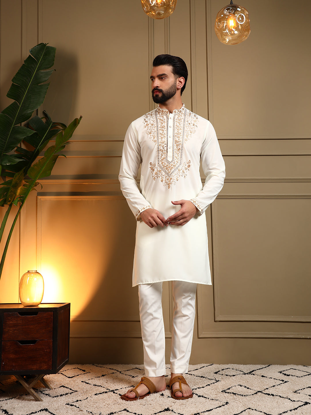 Jyoti Fashion Men's White Armani Lachka Sequins Embroidered Kurta with Pajama | Grocsy
