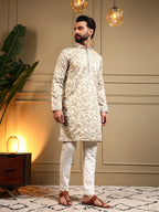 Jyoti Fashion Men's Cream Royal Silk Sequins Embroidered Kurta with Pajama | Grocsy