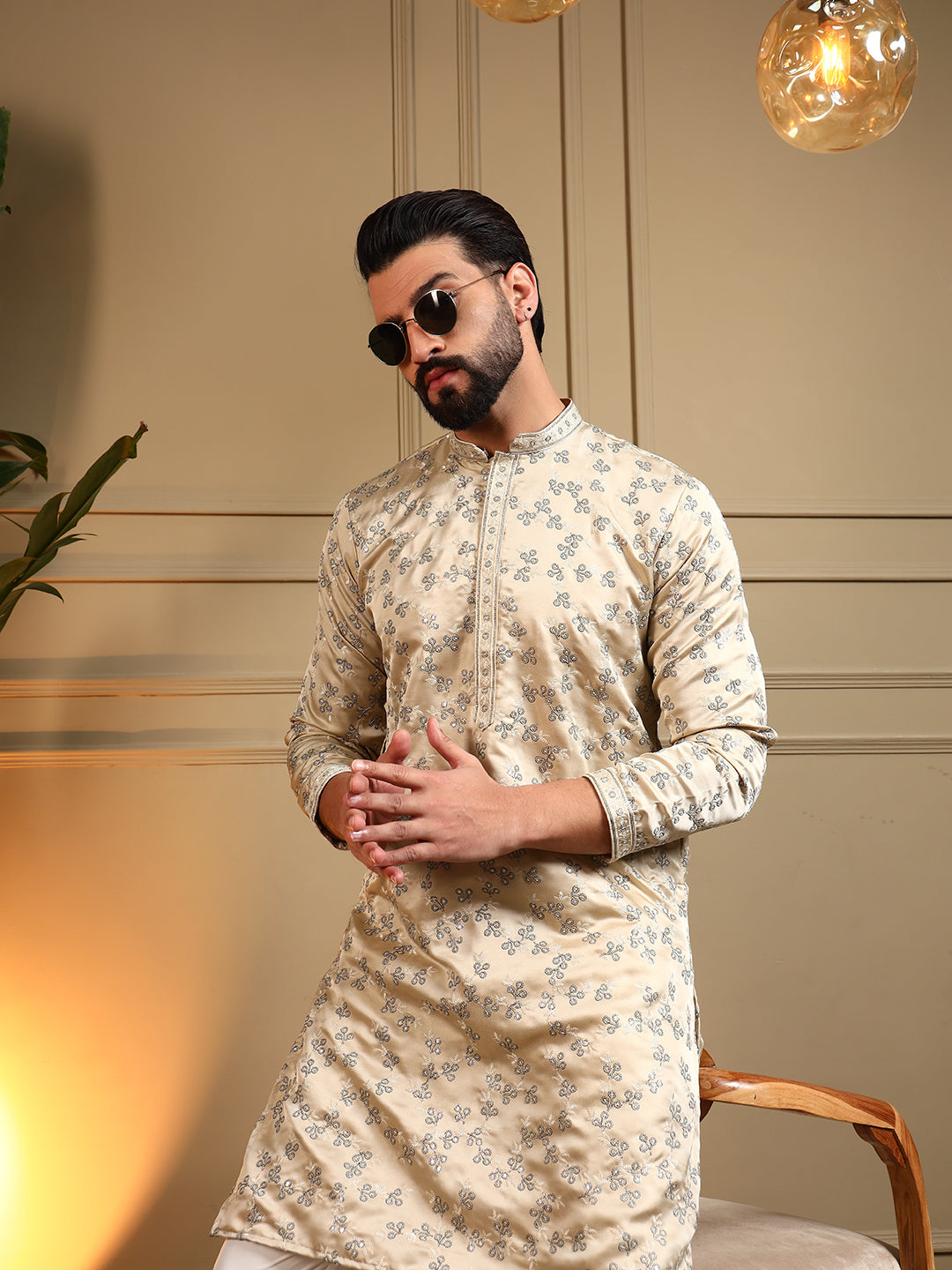 Jyoti Fashion Men's Cream Royal Silk Sequins Embroidered Kurta with Pajama | Grocsy