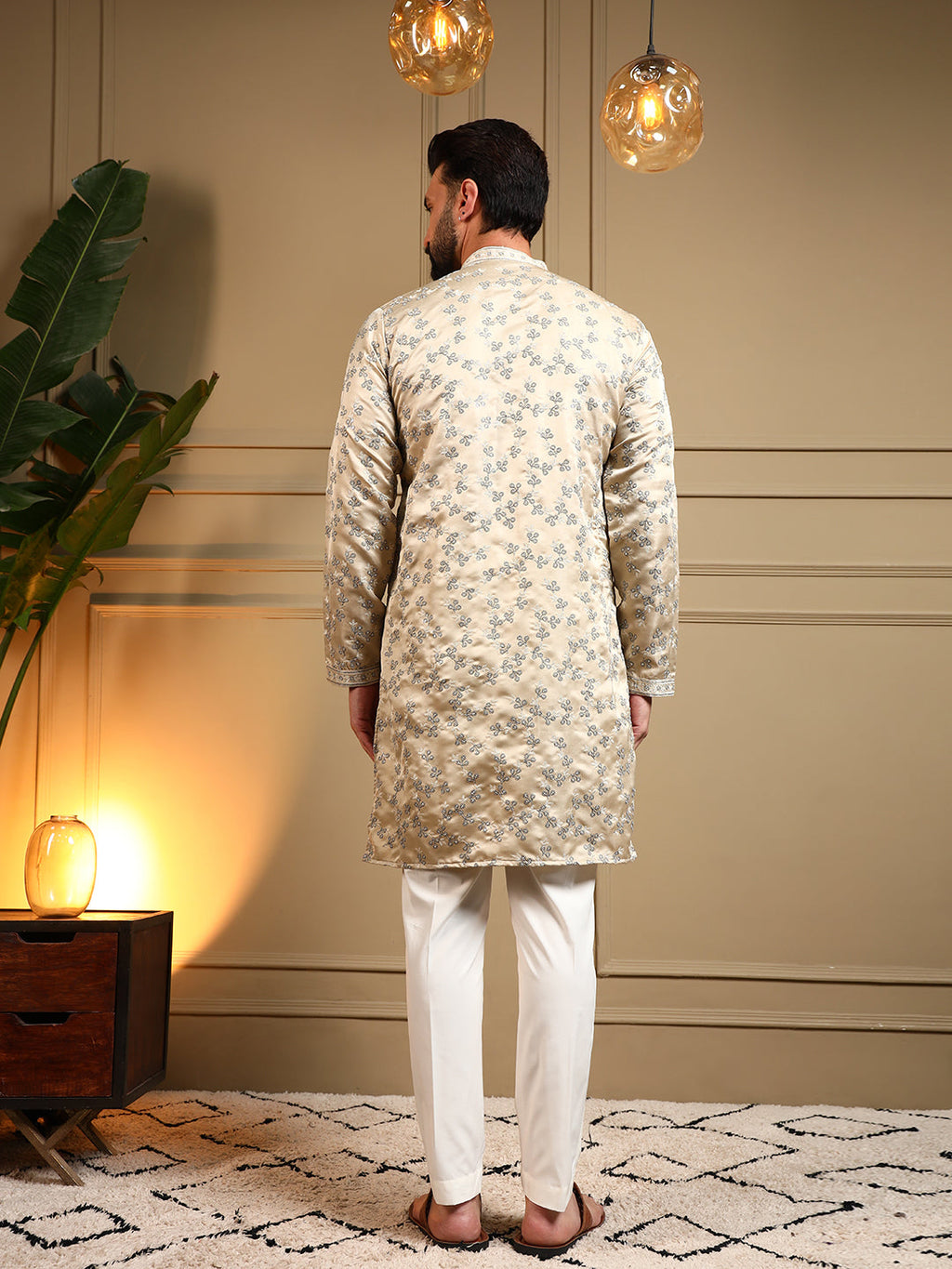 Jyoti Fashion Men's Cream Royal Silk Sequins Embroidered Kurta with Pajama | Grocsy