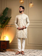 Jyoti Fashion Men's Cream Royal Silk Sequins Embroidered Kurta with Pajama | Grocsy