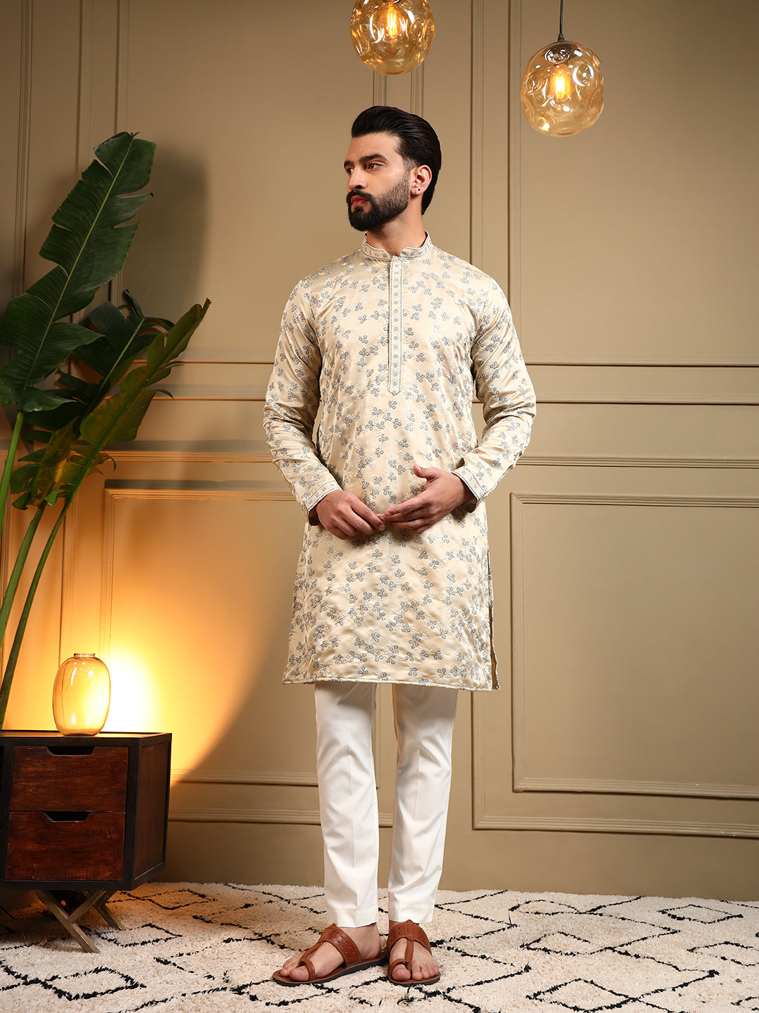 Jyoti Fashion Men's Cream Royal Silk Sequins Embroidered Kurta with Pajama | Grocsy