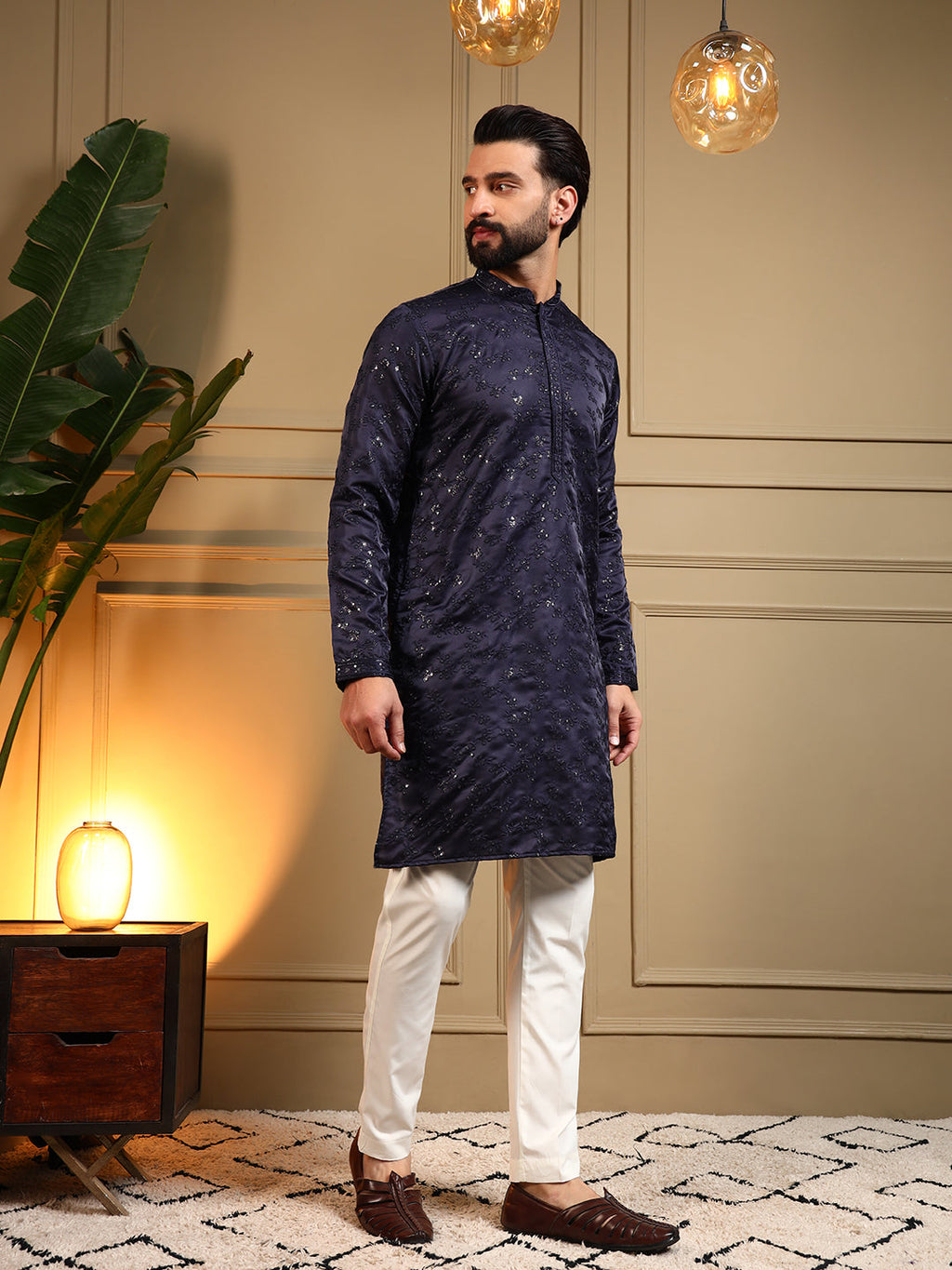 Jyoti Fashion Men's Navy Blue Royal Silk Sequins Embroidered Kurta with Pajama | Grocsy