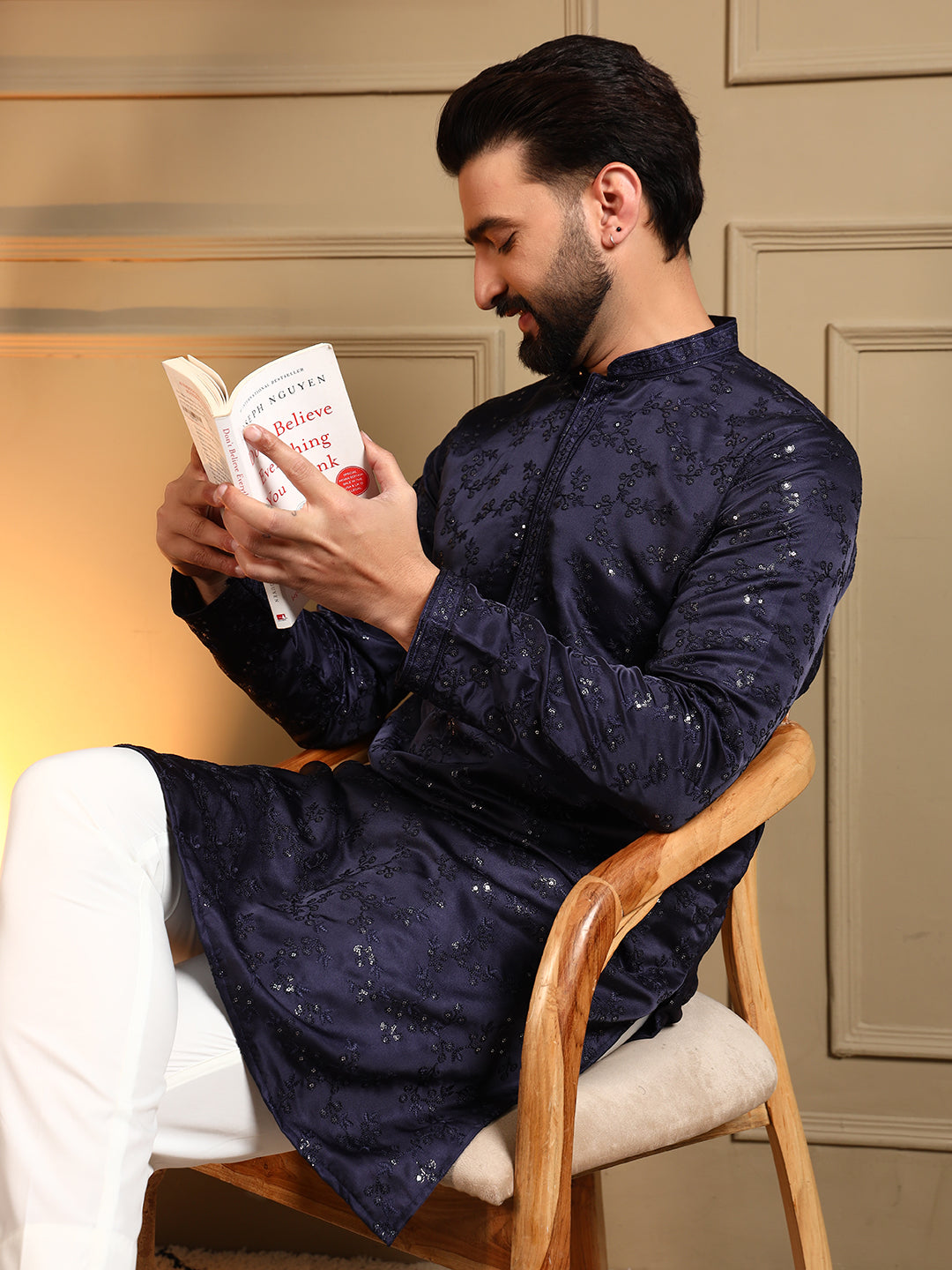 Jyoti Fashion Men's Navy Blue Royal Silk Sequins Embroidered Kurta with Pajama | Grocsy