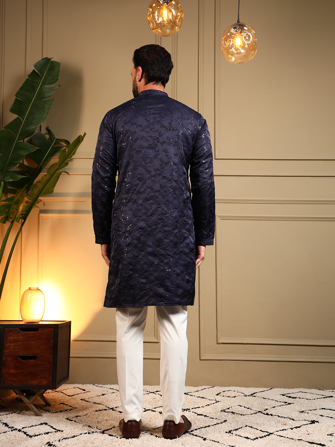 Jyoti Fashion Men's Navy Blue Royal Silk Sequins Embroidered Kurta with Pajama | Grocsy