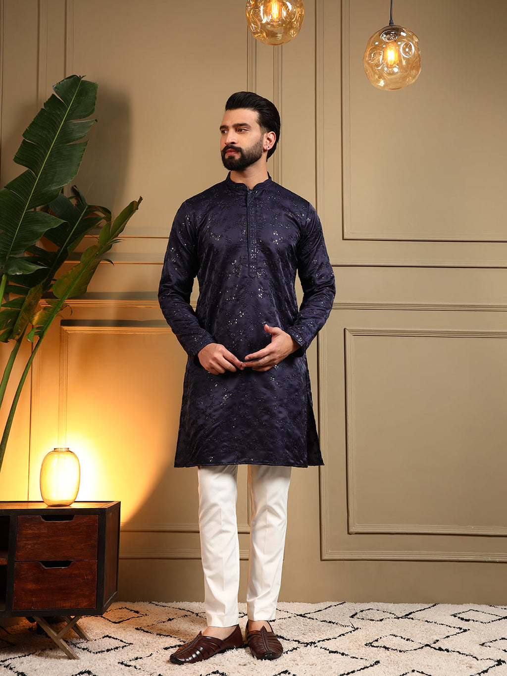 Jyoti Fashion Men's Navy Blue Royal Silk Sequins Embroidered Kurta with Pajama | Grocsy