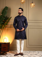 Jyoti Fashion Men's Navy Blue Royal Silk Sequins Embroidered Kurta with Pajama | Grocsy
