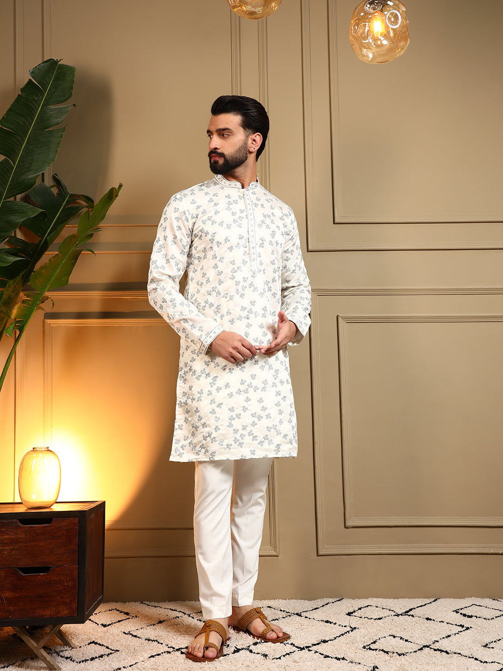 Jyoti Fashion Men's Off White Royal Silk Sequins Embroidered Kurta with Pajama | Grocsy