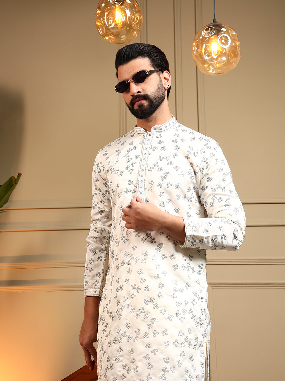 Jyoti Fashion Men's Off White Royal Silk Sequins Embroidered Kurta with Pajama | Grocsy