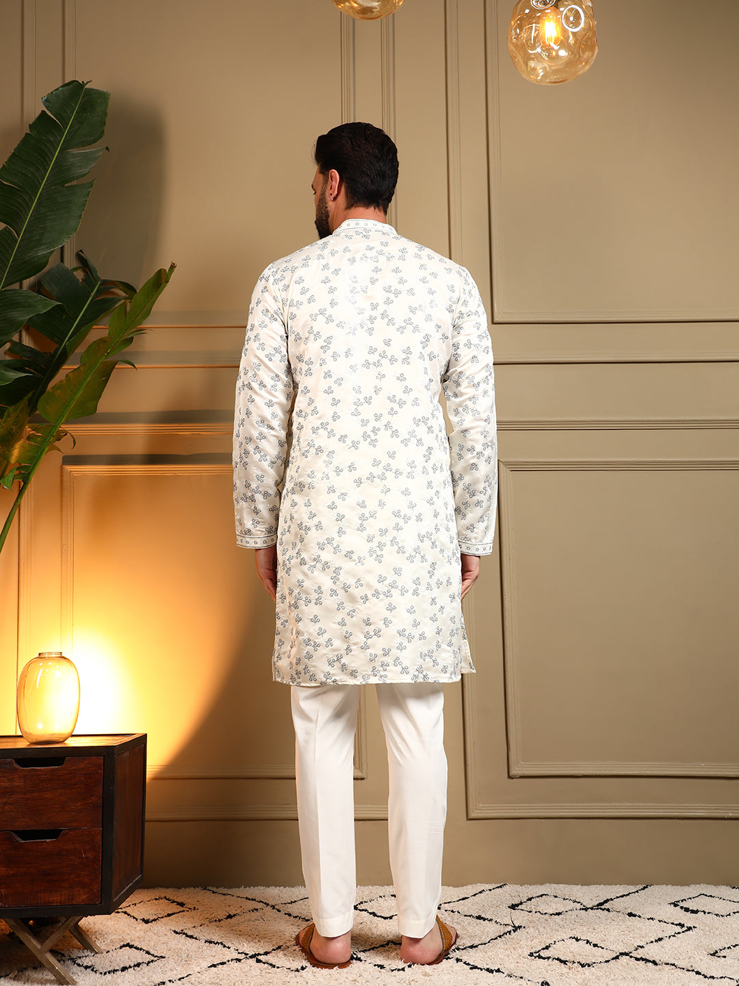 Jyoti Fashion Men's Off White Royal Silk Sequins Embroidered Kurta with Pajama | Grocsy