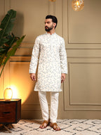 Jyoti Fashion Men's Off White Royal Silk Sequins Embroidered Kurta with Pajama | Grocsy