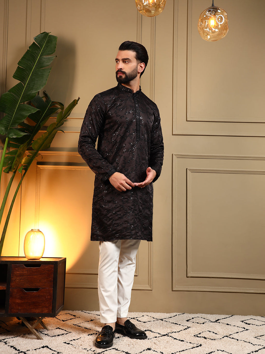 Jyoti Fashion Men's Black Royal Silk Sequins Embroidered Kurta with Pajama | Grocsy