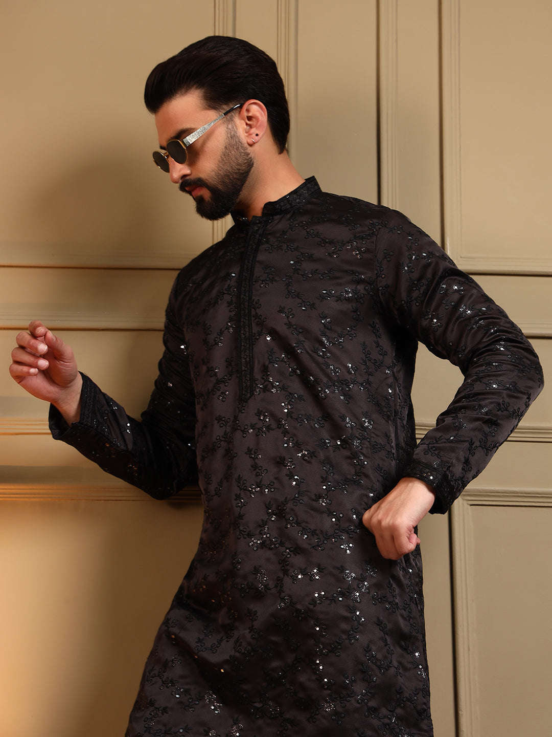 Jyoti Fashion Men's Black Royal Silk Sequins Embroidered Kurta with Pajama | Grocsy