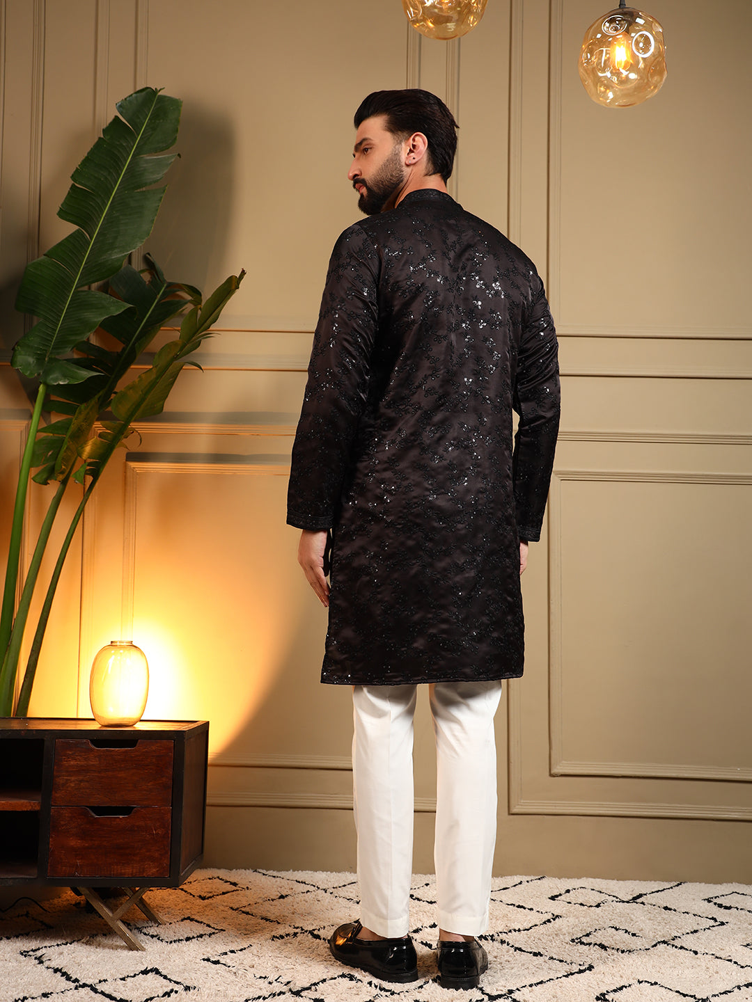 Jyoti Fashion Men's Black Royal Silk Sequins Embroidered Kurta with Pajama | Grocsy