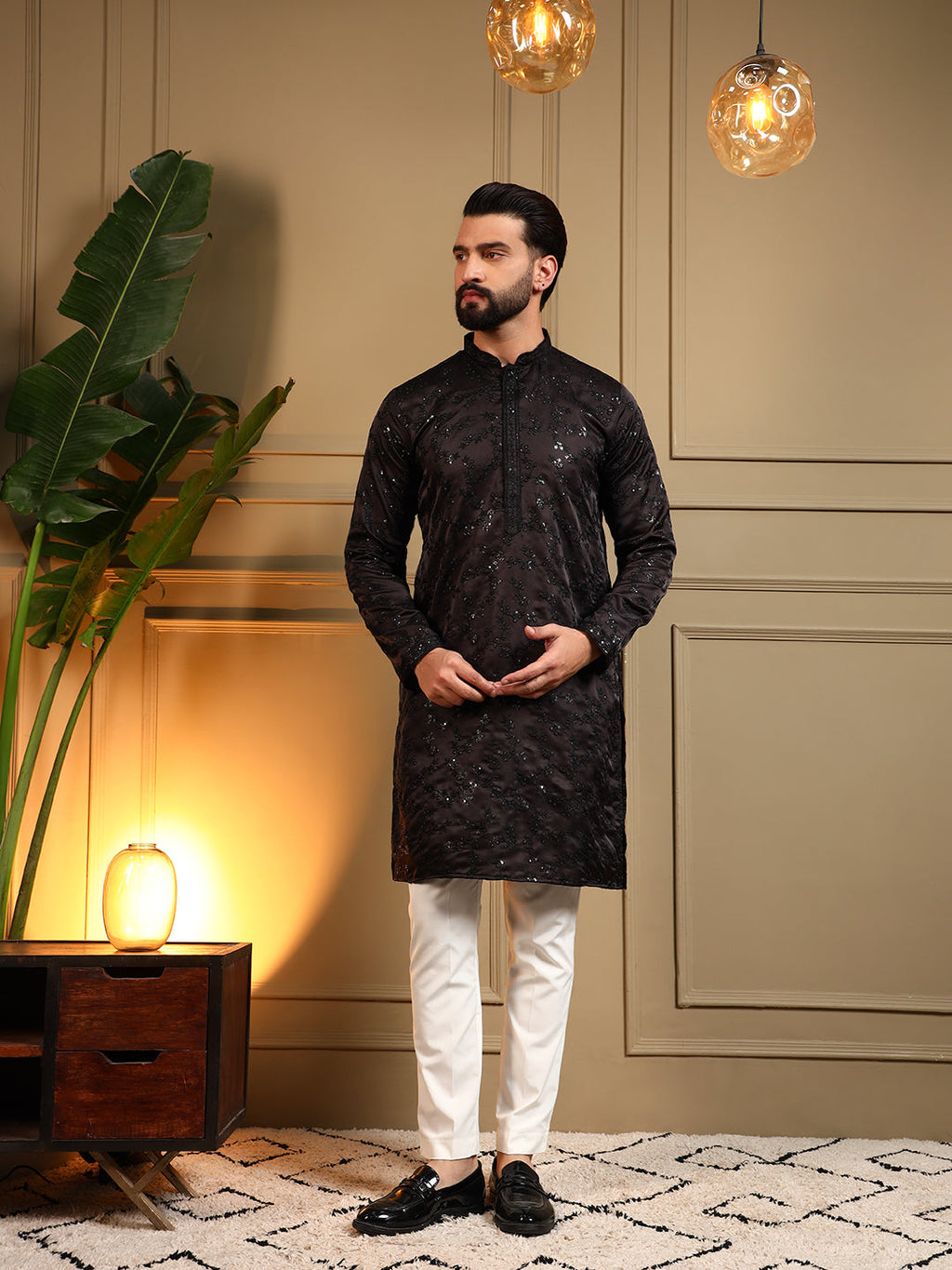 Jyoti Fashion Men's Black Royal Silk Sequins Embroidered Kurta with Pajama | Grocsy