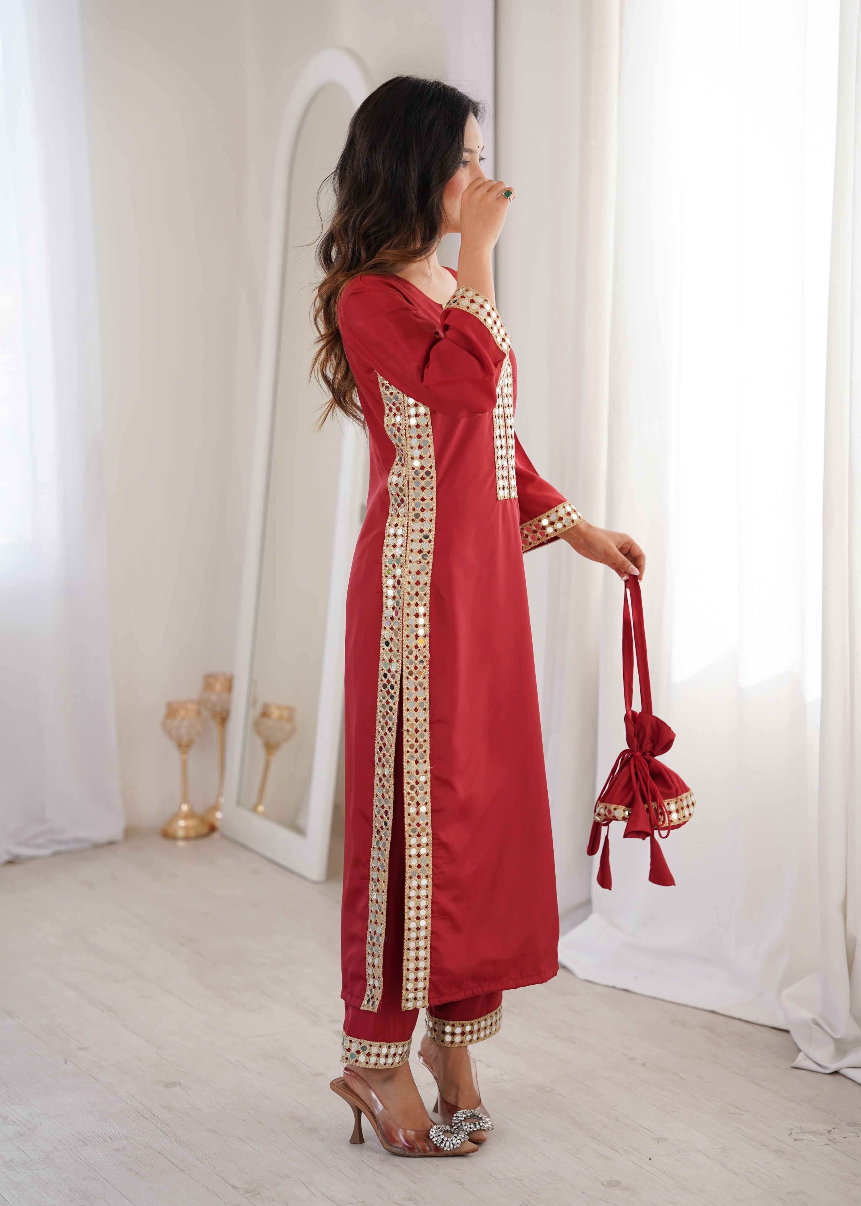 Jyoti Fashion Maroon Natural Crepe Real Mirror Lace Work Designer Kurta Set with Batwa | Grocsy
