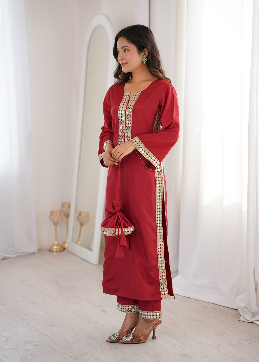 Jyoti Fashion Maroon Natural Crepe Real Mirror Lace Work Designer Kurta Set with Batwa | Grocsy