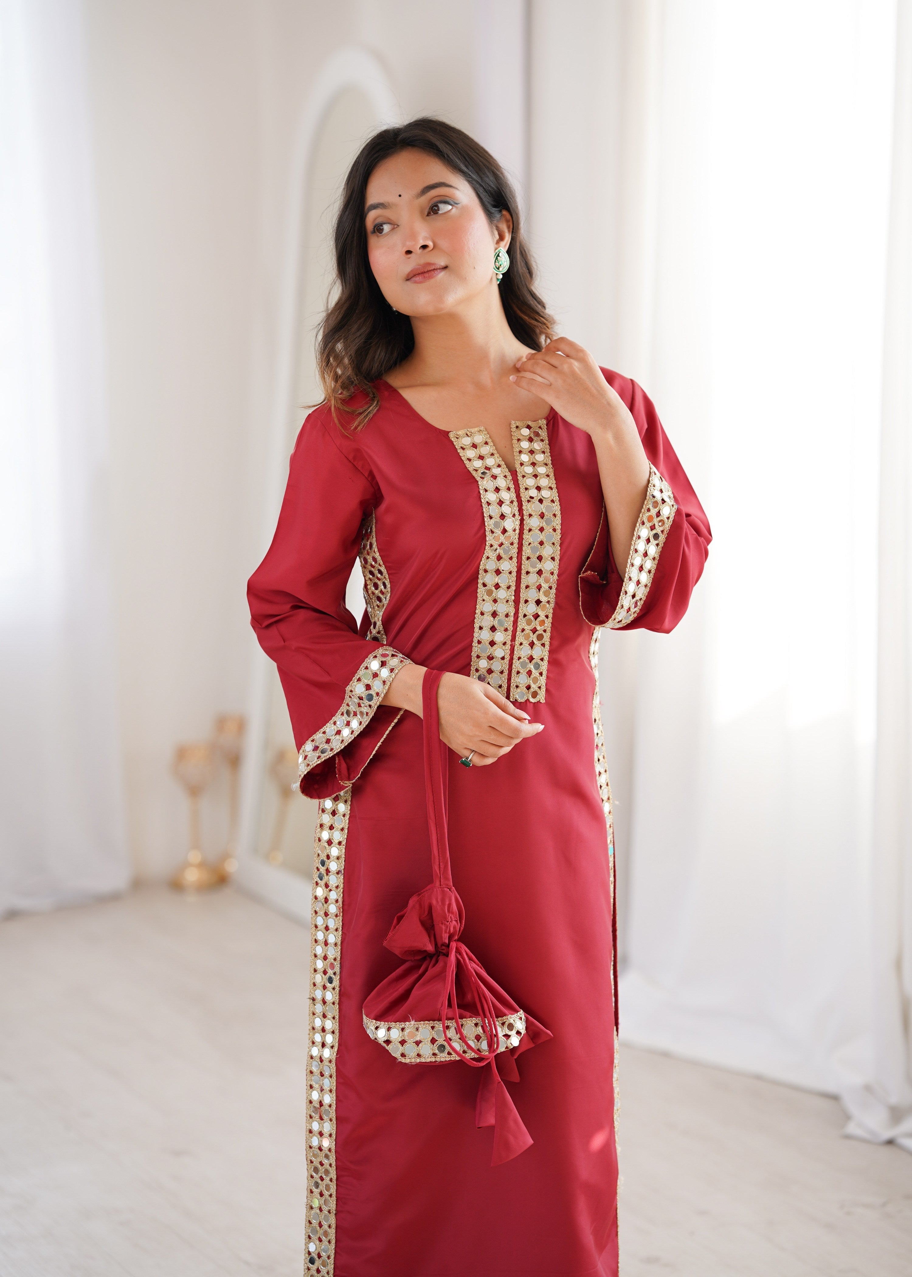 Jyoti Fashion Maroon Natural Crepe Real Mirror Lace Work Designer Kurta Set with Batwa | Grocsy