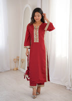 Jyoti Fashion Maroon Natural Crepe Real Mirror Lace Work Designer Kurta Set with Batwa | Grocsy