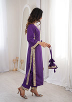 Jyoti Fashion Purple Natural Crepe Real Mirror Lace Work Designer Kurta Set with Batwa | Grocsy