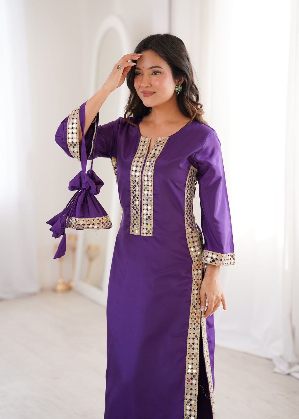Jyoti Fashion Purple Natural Crepe Real Mirror Lace Work Designer Kurta Set with Batwa | Grocsy