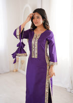 Jyoti Fashion Purple Natural Crepe Real Mirror Lace Work Designer Kurta Set with Batwa | Grocsy