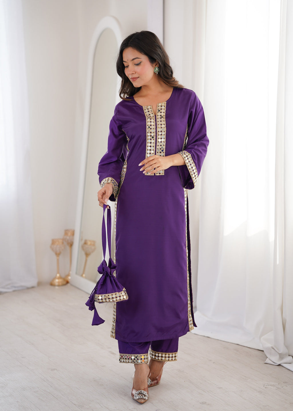 Jyoti Fashion Purple Natural Crepe Real Mirror Lace Work Designer Kurta Set with Batwa | Grocsy