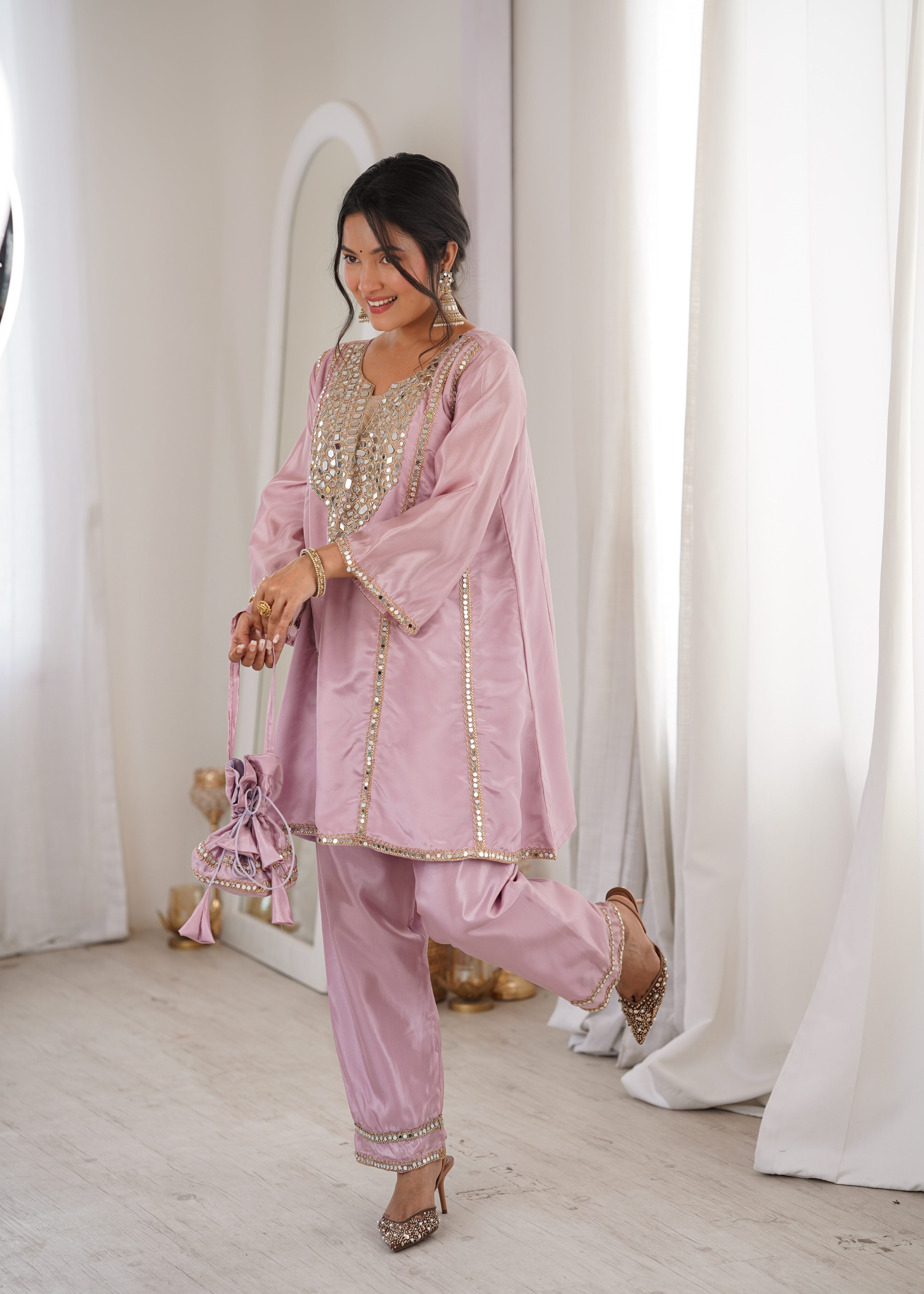Jyoti Fashion Baby Pink HO Silk Embroidered Designer Kurta Set with Batwa | Grocsy