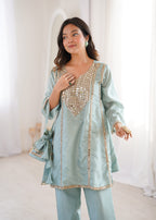 Jyoti Fashion Sky Blue HO Silk Embroidered Designer Kurta Set with Batwa | Grocsy