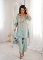 Jyoti Fashion Sky Blue HO Silk Embroidered Designer Kurta Set with Batwa | Grocsy