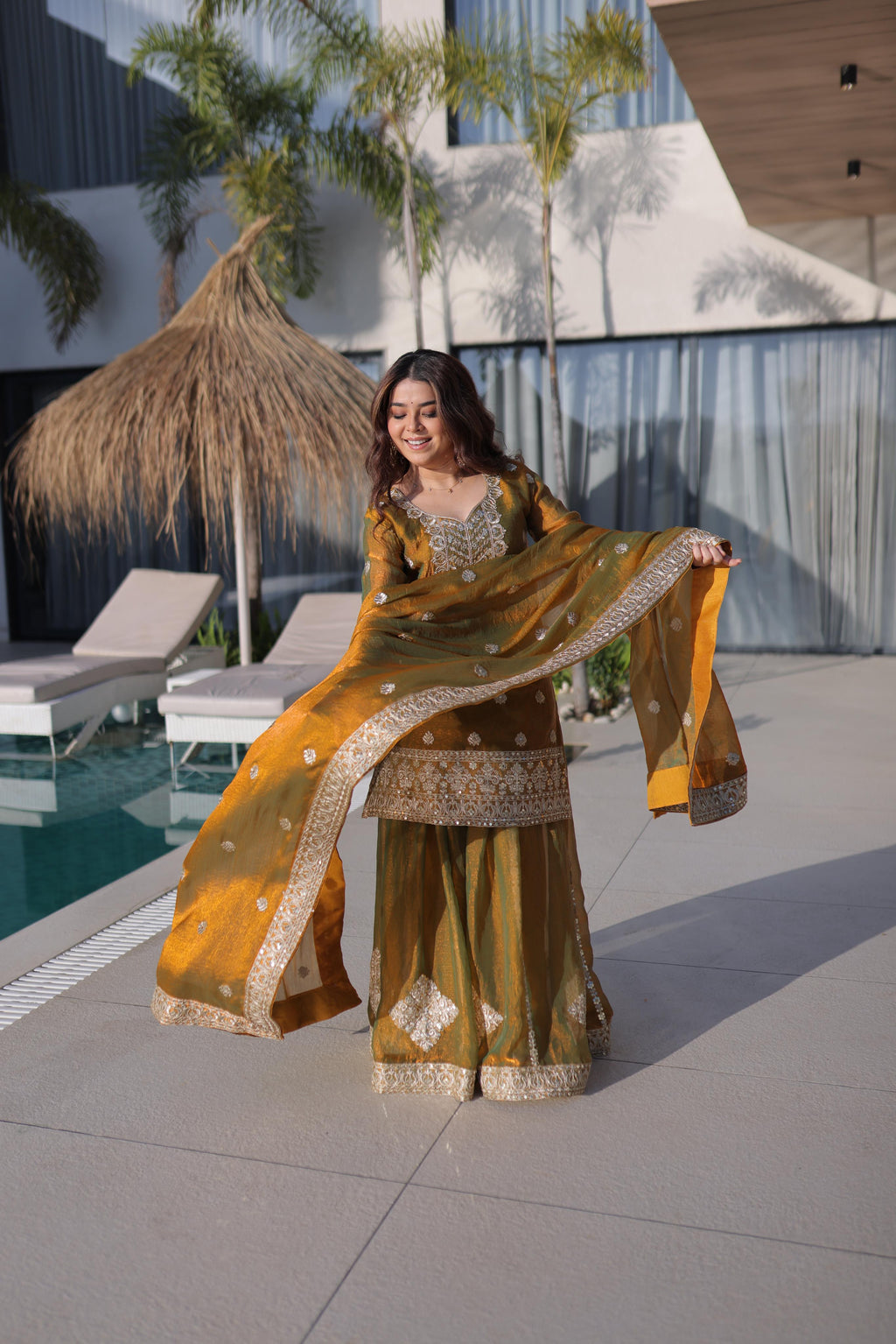 Jyoti Fashion Mustard Fendy Chiffon Embroidered Designer Sharara & Sets | Grocsy