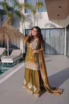 Jyoti Fashion Mustard Fendy Chiffon Embroidered Designer Sharara & Sets | Grocsy