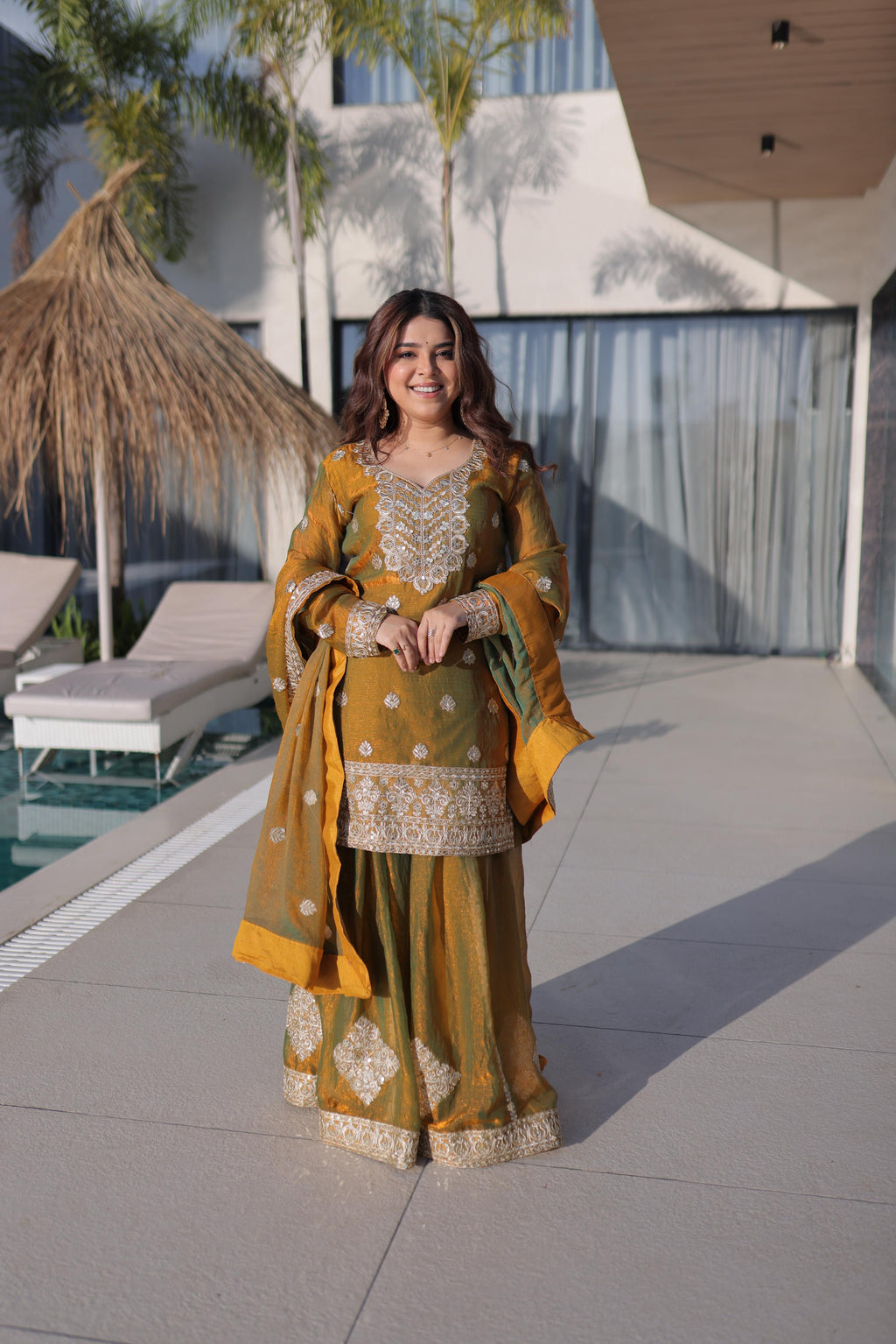 Jyoti Fashion Mustard Fendy Chiffon Embroidered Designer Sharara & Sets | Grocsy