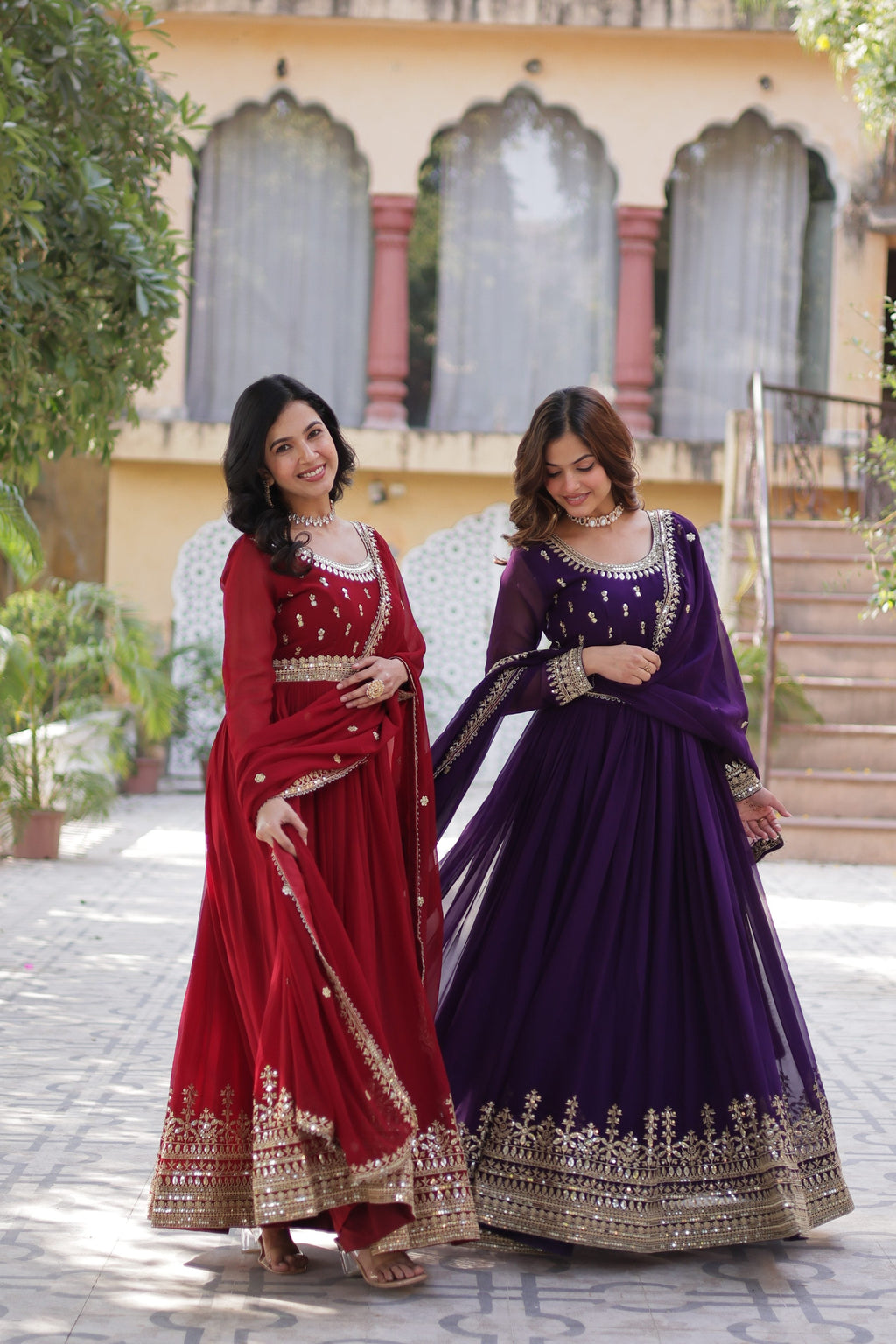 Jyoti Fashion Maroon & Purple Faux Blooming Embroidered Combo Anarkali Set With Dupatta | Grocsy