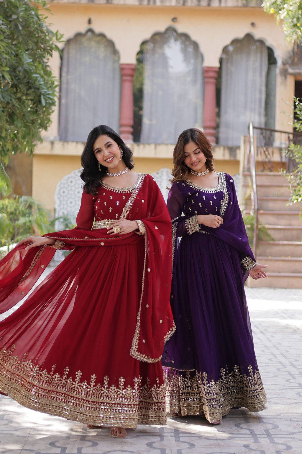Jyoti Fashion Maroon & Purple Faux Blooming Embroidered Combo Anarkali Set With Dupatta | Grocsy