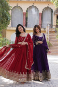 Jyoti Fashion Maroon & Purple Faux Blooming Embroidered Combo Anarkali Set With Dupatta | Grocsy