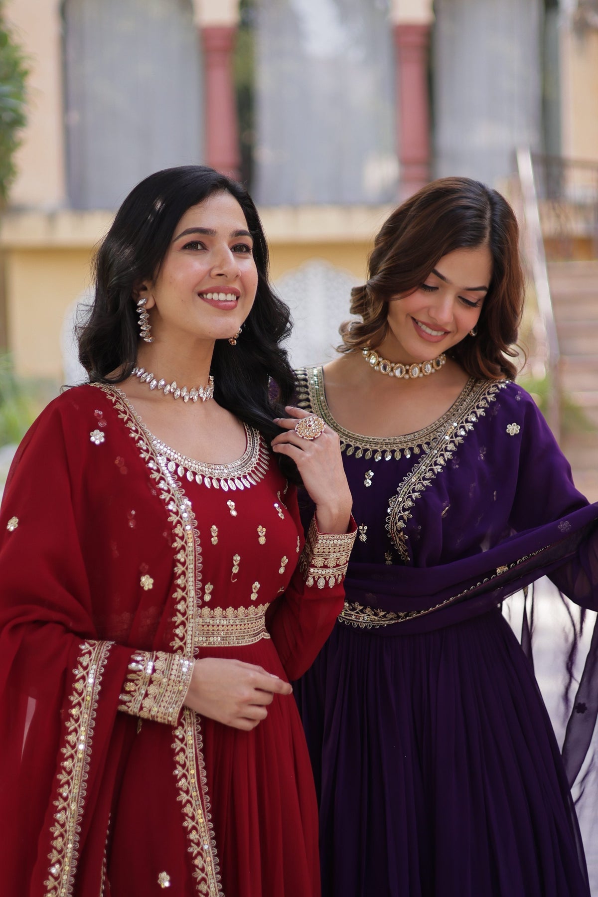 Jyoti Fashion Maroon & Purple Faux Blooming Embroidered Combo Anarkali Set With Dupatta | Grocsy