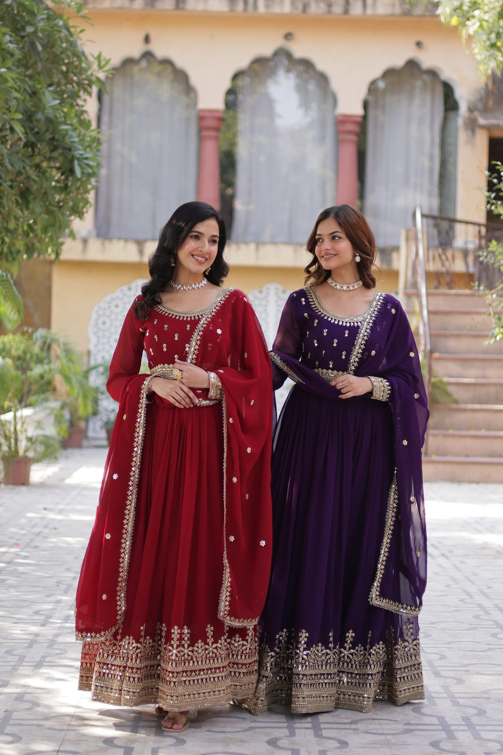 Jyoti Fashion Maroon & Purple Faux Blooming Embroidered Combo Anarkali Set With Dupatta | Grocsy