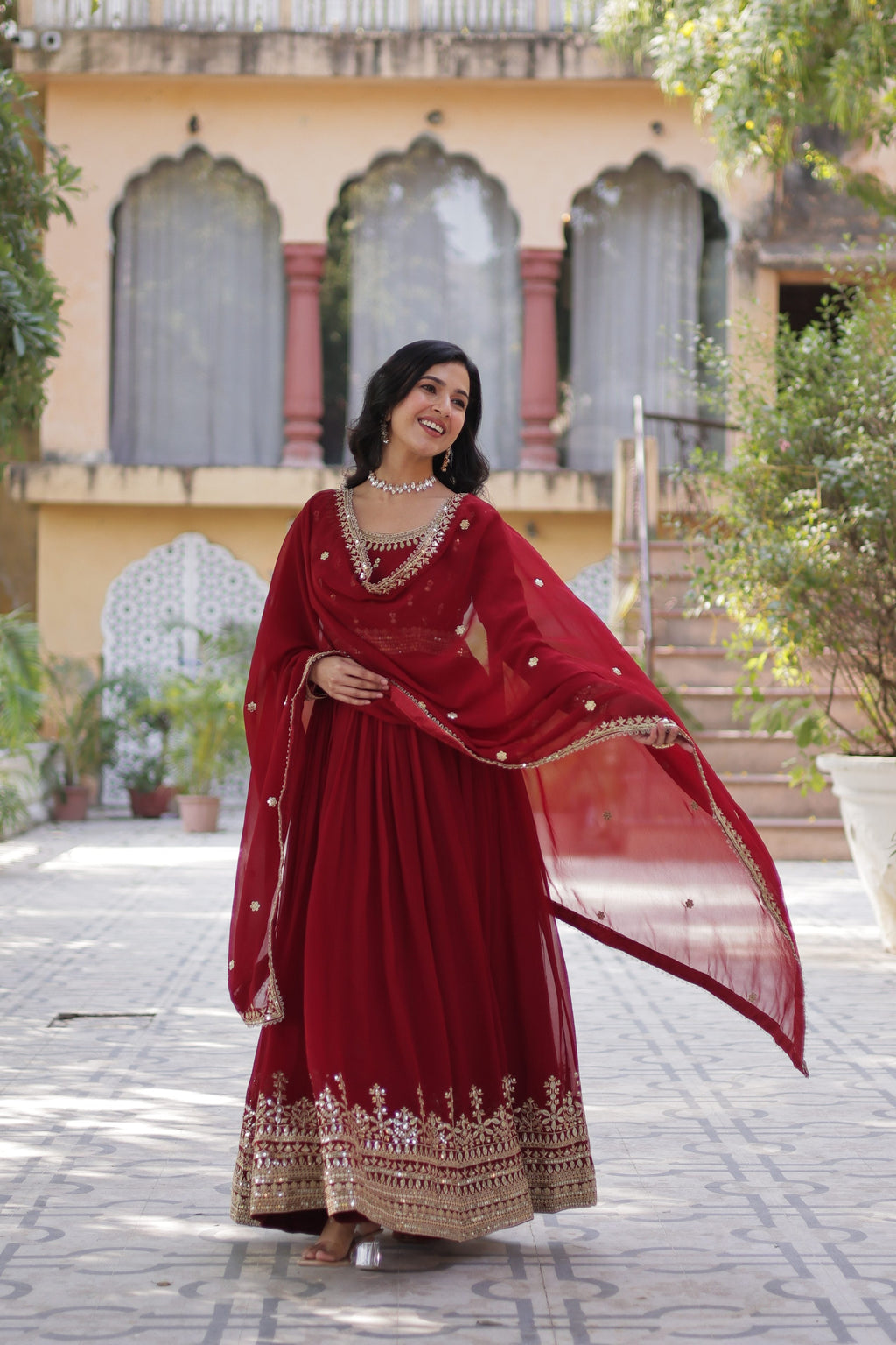 Jyoti Fashion Maroon Faux Blooming Embroidered Anarkali Set With Dupatta | Grocsy