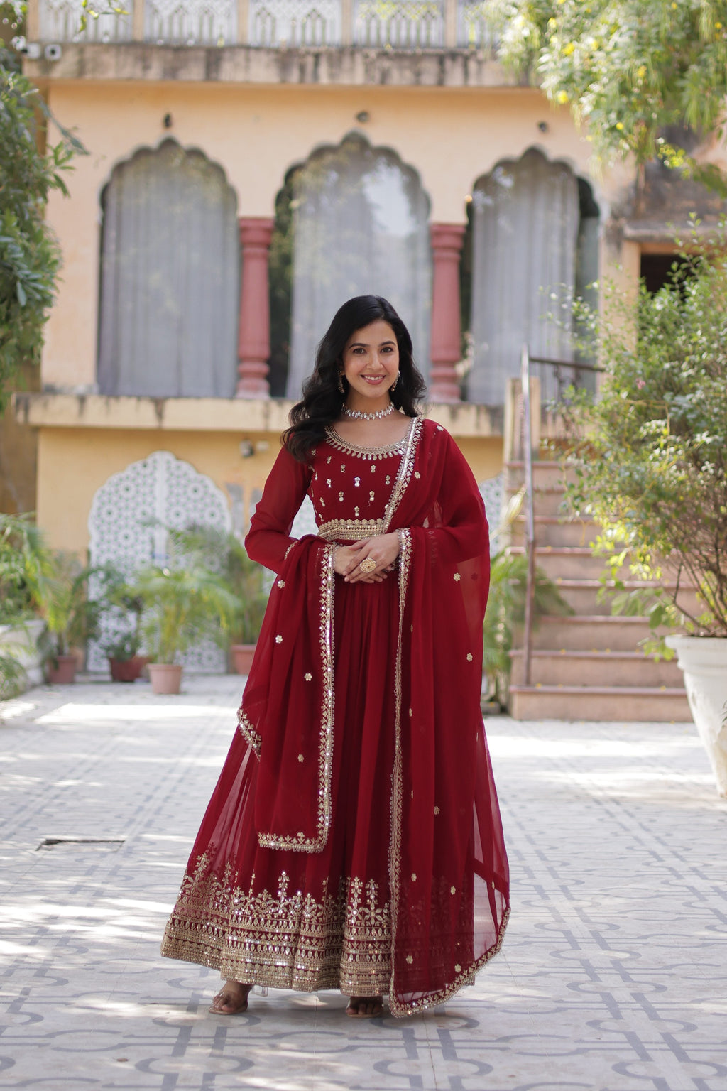 Jyoti Fashion Maroon Faux Blooming Embroidered Anarkali Set With Dupatta | Grocsy
